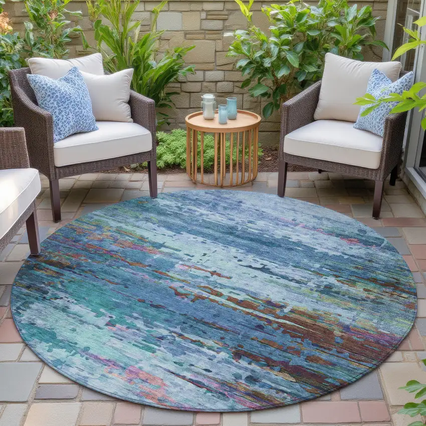 8' Blue Brown And Purple Round Abstract Washable Indoor Outdoor Area Rug Photo 5