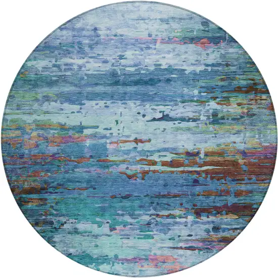 8' Blue Brown And Purple Round Abstract Washable Indoor Outdoor Area Rug Photo 1