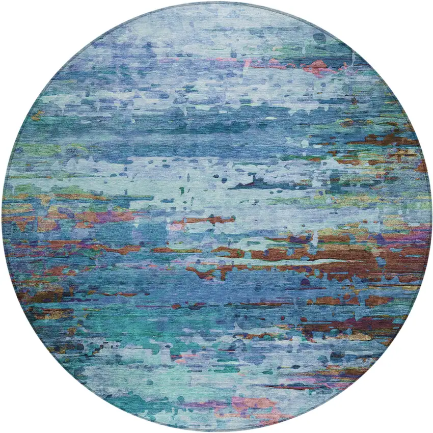 8' Blue Brown And Purple Round Abstract Washable Indoor Outdoor Area Rug Photo 1