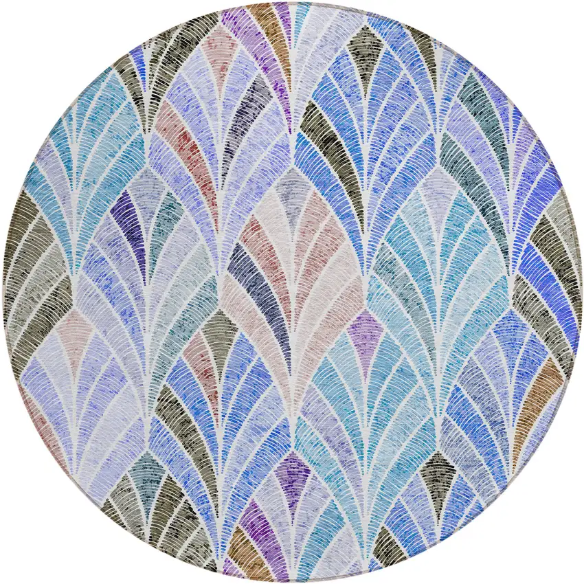 8' Blue Brown And Purple Round Geometric Washable Indoor Outdoor Area Rug Photo 2