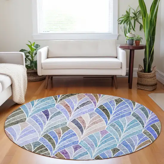 8' Blue Brown And Purple Round Geometric Washable Indoor Outdoor Area Rug Photo 9