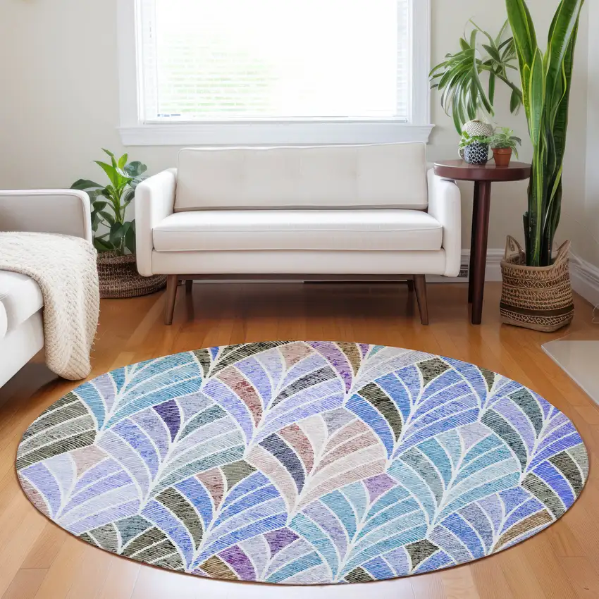 8' Blue Brown And Purple Round Geometric Washable Indoor Outdoor Area Rug Photo 9