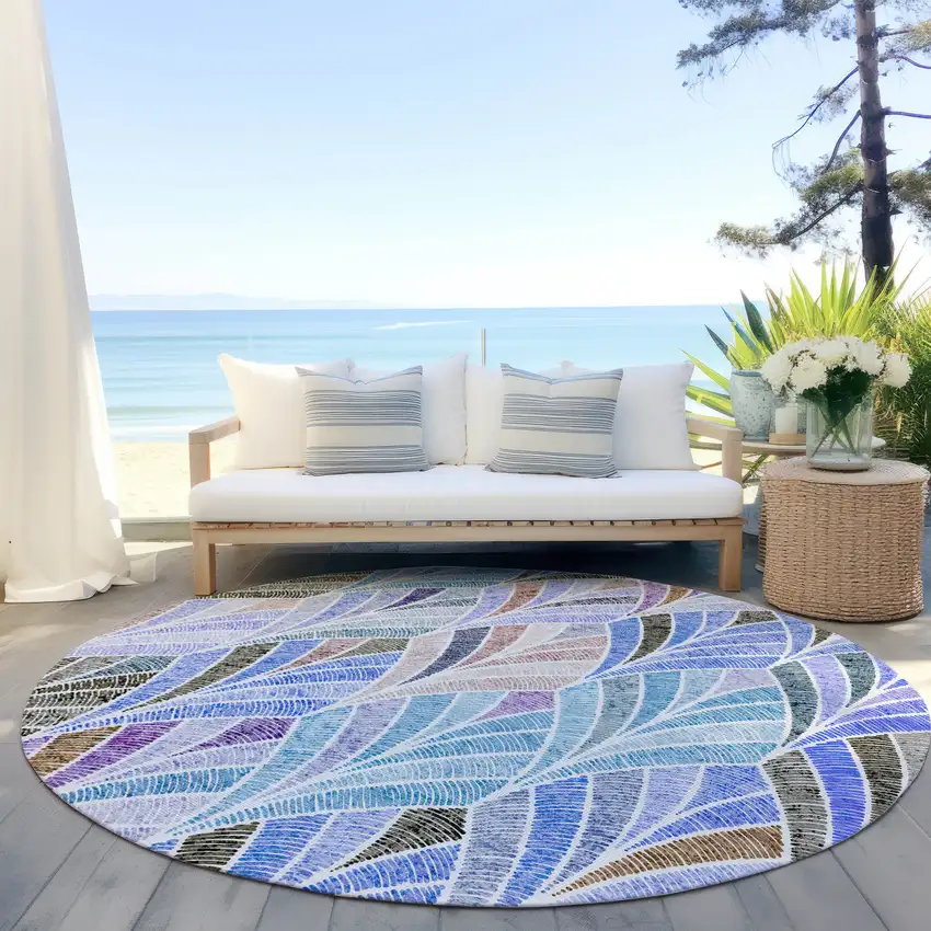 8' Blue Brown And Purple Round Geometric Washable Indoor Outdoor Area Rug Photo 9