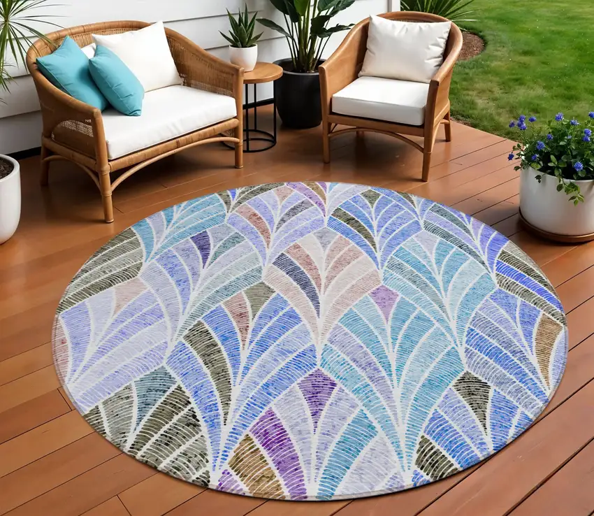 8' Blue Brown And Purple Round Geometric Washable Indoor Outdoor Area Rug Photo 1