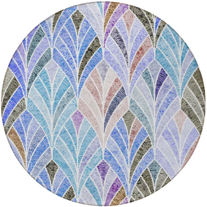 8' Blue Brown And Purple Round Geometric Washable Indoor Outdoor Area Rug Photo 8