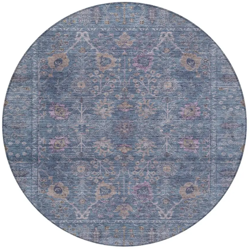 8' Blue Brown And Purple Round Oriental Washable Indoor Outdoor Area Rug Photo 6