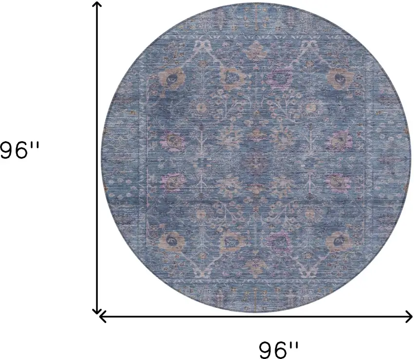 8' Blue Brown And Purple Round Oriental Washable Indoor Outdoor Area Rug Photo 9