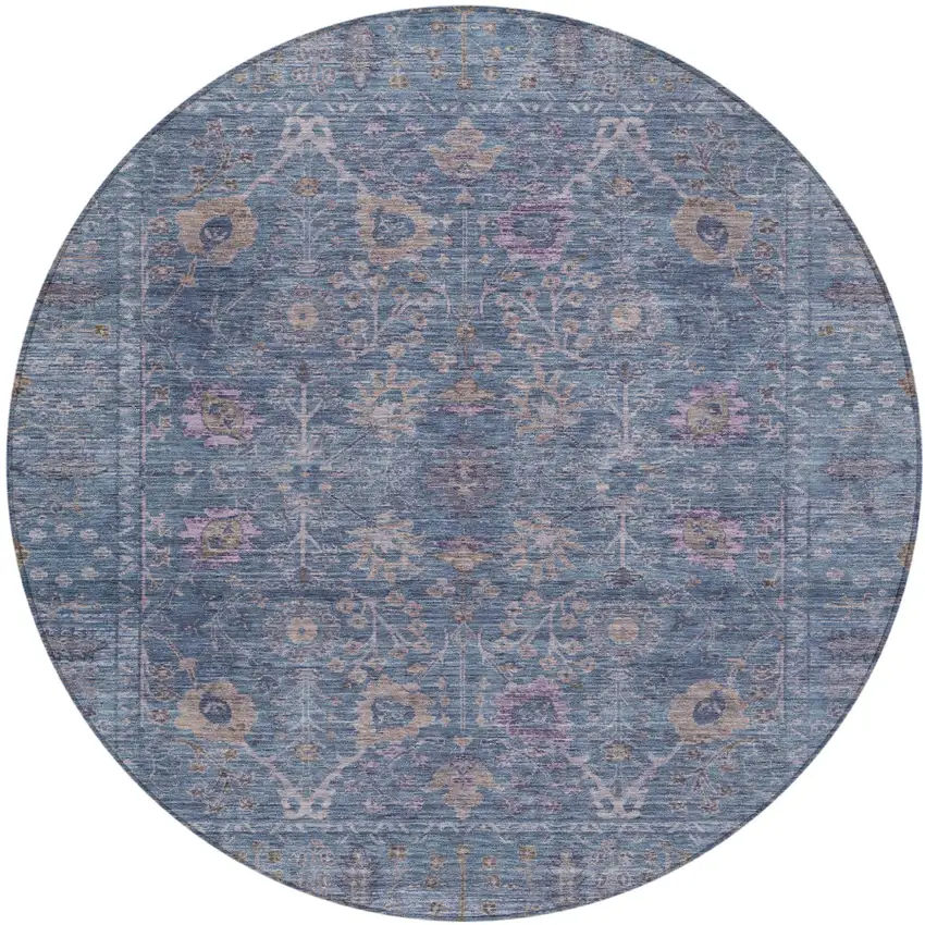 8' Blue Brown And Purple Round Oriental Washable Indoor Outdoor Area Rug Photo 2