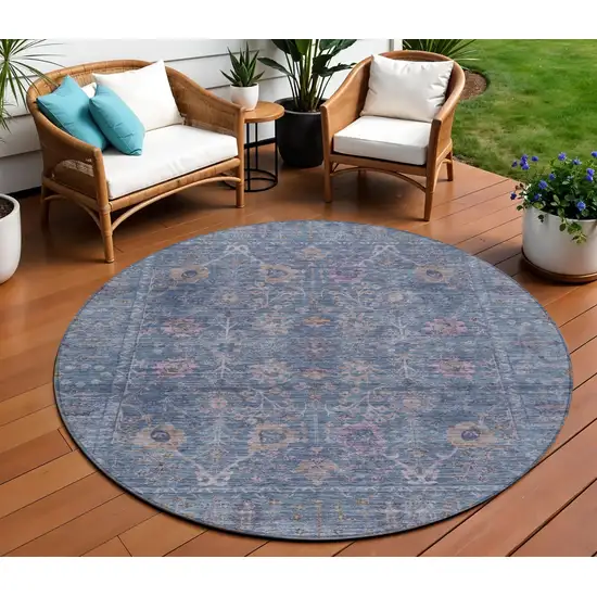 8' Blue Brown And Purple Round Oriental Washable Indoor Outdoor Area Rug Photo 1