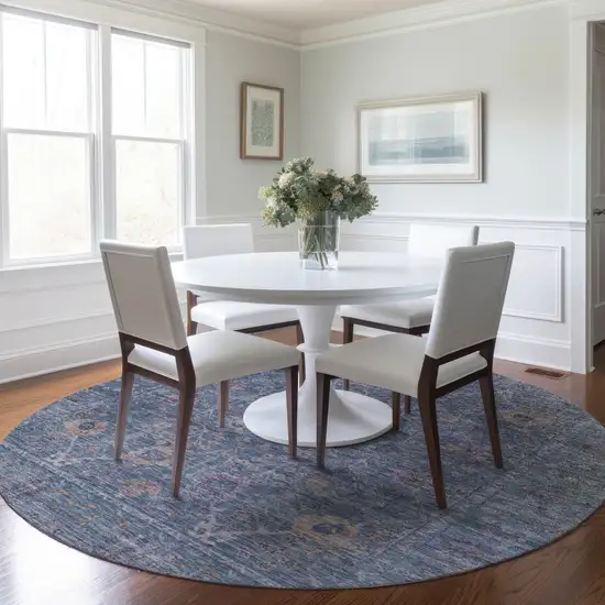 8' Blue Brown And Purple Round Oriental Washable Indoor Outdoor Area Rug Photo 8