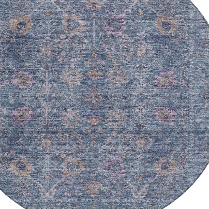 8' Blue Brown And Purple Round Oriental Washable Indoor Outdoor Area Rug Photo 5