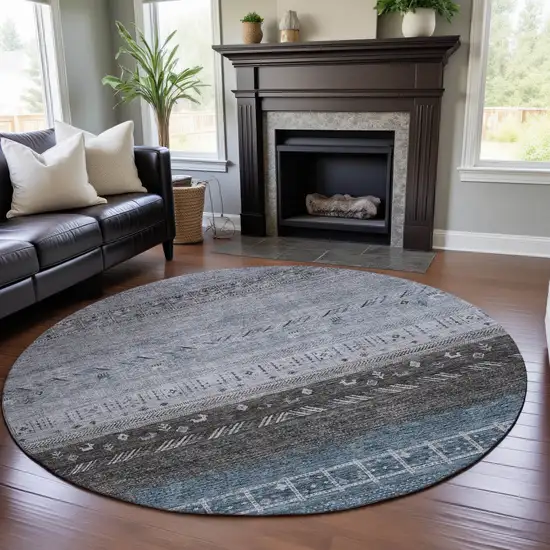 8' Blue Brown And Silver Geometric Washable Round Rug With UV Protection Photo 4