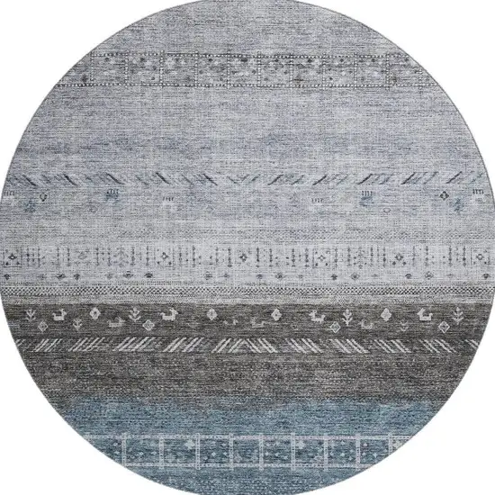 8' Blue Brown And Silver Geometric Washable Round Rug With UV Protection Photo 3