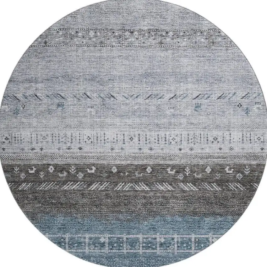 8' Blue Brown And Silver Geometric Washable Round Rug With UV Protection Photo 3
