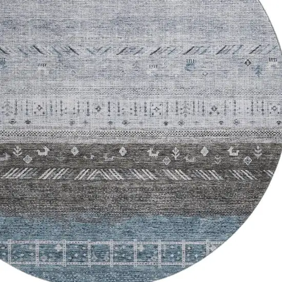 8' Blue Brown And Silver Geometric Washable Round Rug With UV Protection Photo 2