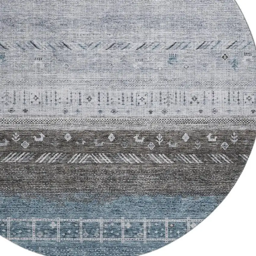 8' Blue Brown And Silver Geometric Washable Round Rug With UV Protection Photo 2