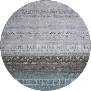 Photo of 8' Blue Brown And Silver Geometric Washable Round Rug With UV Protection