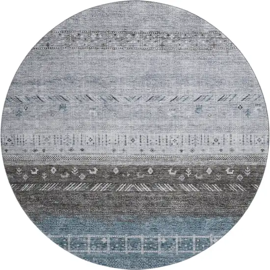 8' Blue Brown And Silver Geometric Washable Round Rug With UV Protection Photo 1