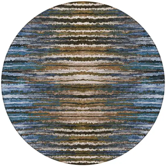 8' Blue Brown And Sky Blue Round Striped Washable Indoor Outdoor Area Rug Photo 5