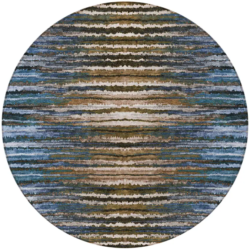 8' Blue Brown And Sky Blue Round Striped Washable Indoor Outdoor Area Rug Photo 5