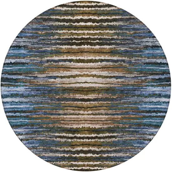 8' Blue Brown And Sky Blue Round Striped Washable Indoor Outdoor Area Rug Photo 5