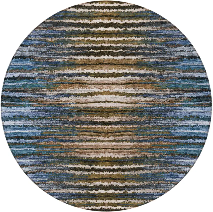 8' Blue Brown And Sky Blue Round Striped Washable Indoor Outdoor Area Rug Photo 5
