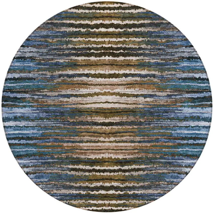 8' Blue Brown And Sky Blue Round Striped Washable Indoor Outdoor Area Rug Photo 2