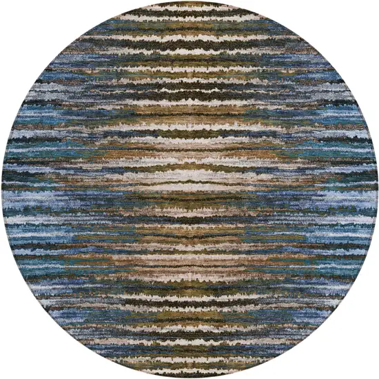 8' Blue Brown And Sky Blue Round Striped Washable Indoor Outdoor Area Rug Photo 2