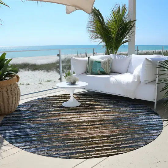 8' Blue Brown And Sky Blue Round Striped Washable Indoor Outdoor Area Rug Photo 6