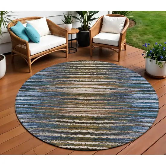 8' Blue Brown And Sky Blue Round Striped Washable Indoor Outdoor Area Rug Photo 1