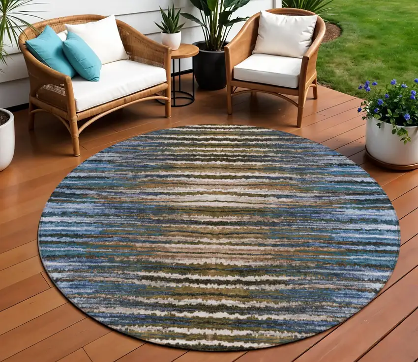 8' Blue Brown And Sky Blue Round Striped Washable Indoor Outdoor Area Rug Photo 1
