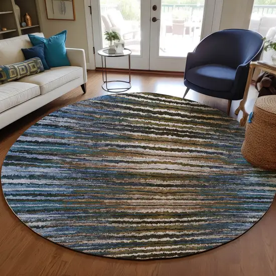 8' Blue Brown And Sky Blue Round Striped Washable Indoor Outdoor Area Rug Photo 7