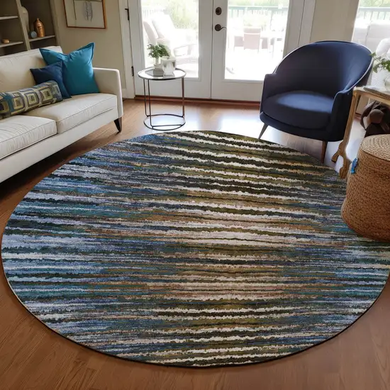 8' Blue Brown And Sky Blue Round Striped Washable Indoor Outdoor Area Rug Photo 7