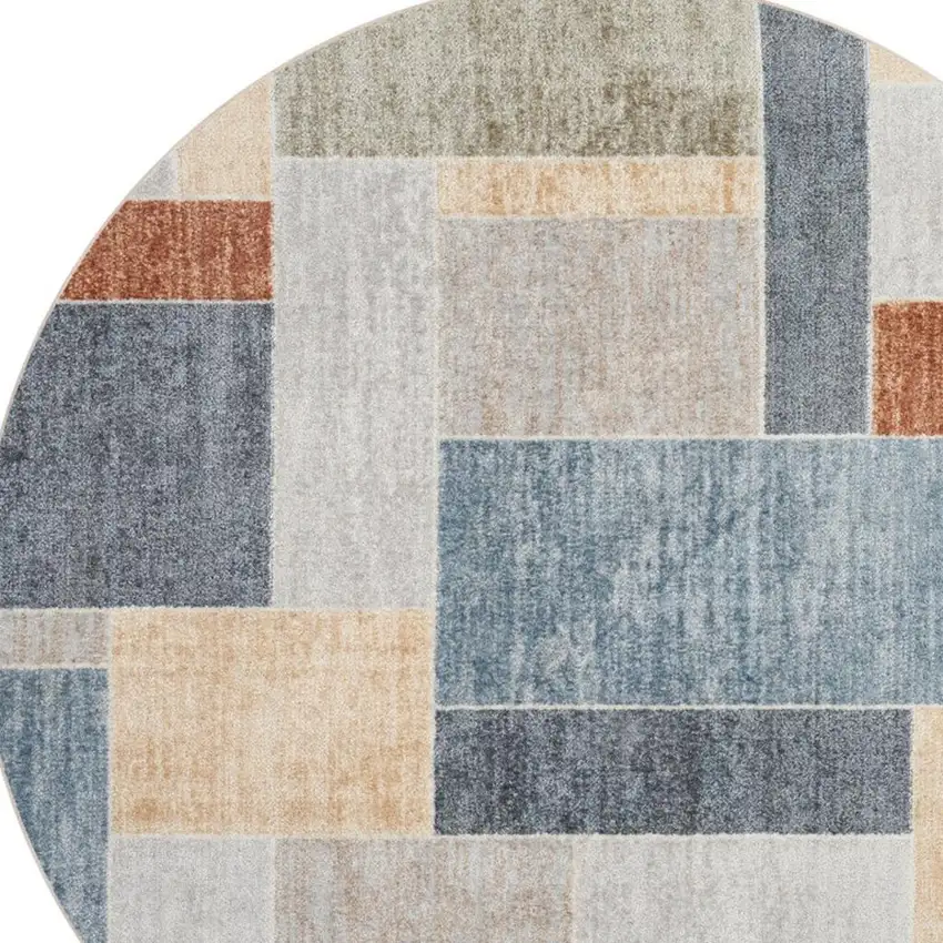 4' Blue Brown And Tan Geometric Round Rug Photo 4