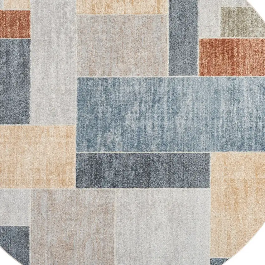 4' Blue Brown And Tan Geometric Round Rug Photo 7