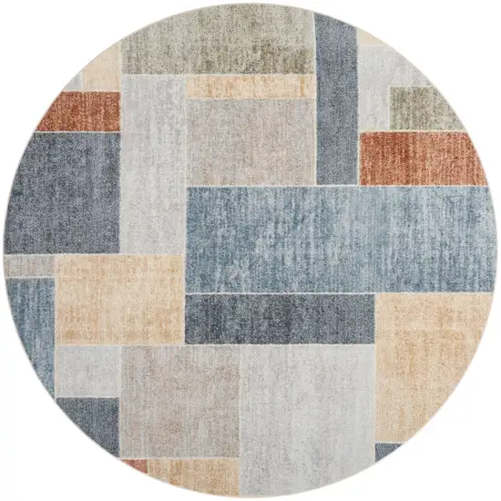 4' Blue Brown And Tan Geometric Round Rug Photo 2