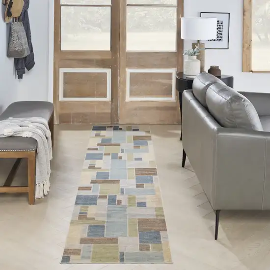 10' Blue Brown And Tan Geometric Washable Runner Rug Photo 5