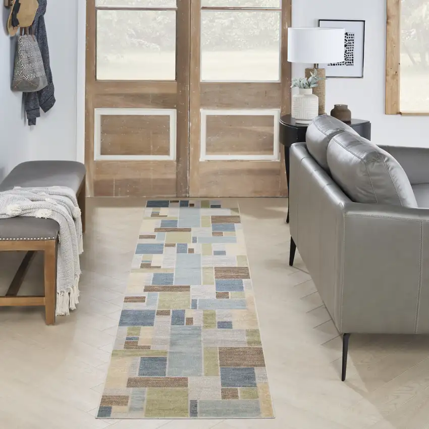 10' Blue Brown And Tan Geometric Washable Runner Rug Photo 5