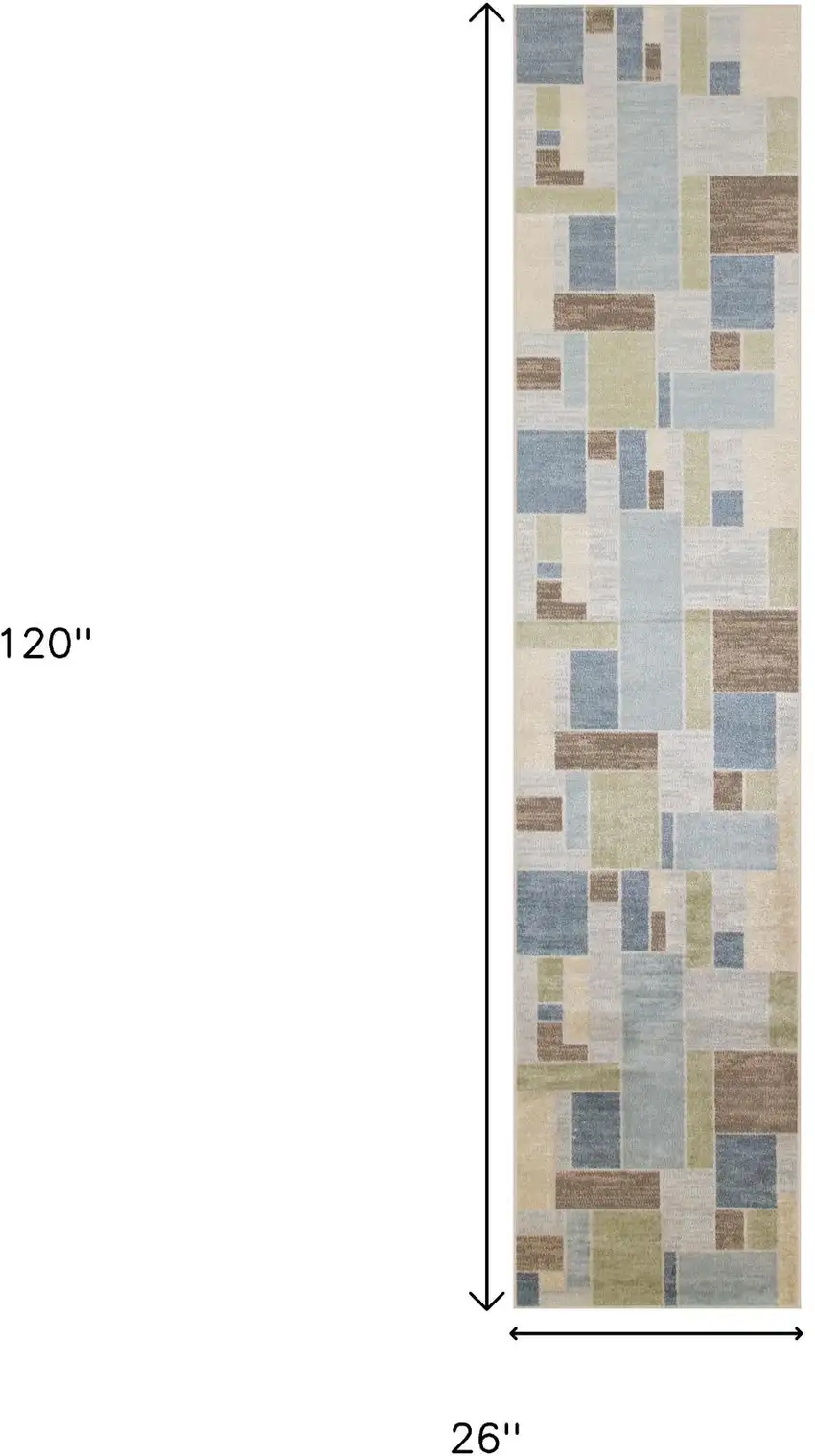 10' Blue Brown And Tan Geometric Washable Runner Rug Photo 3