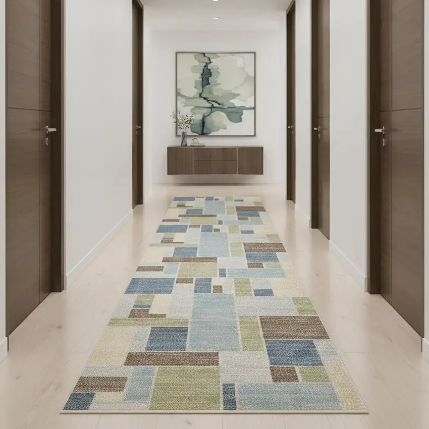 10' Blue Brown And Tan Geometric Washable Runner Rug Photo 1