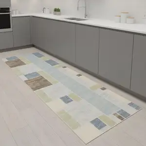 Photo of 8' Blue Brown And Tan Geometric Washable Runner Rug