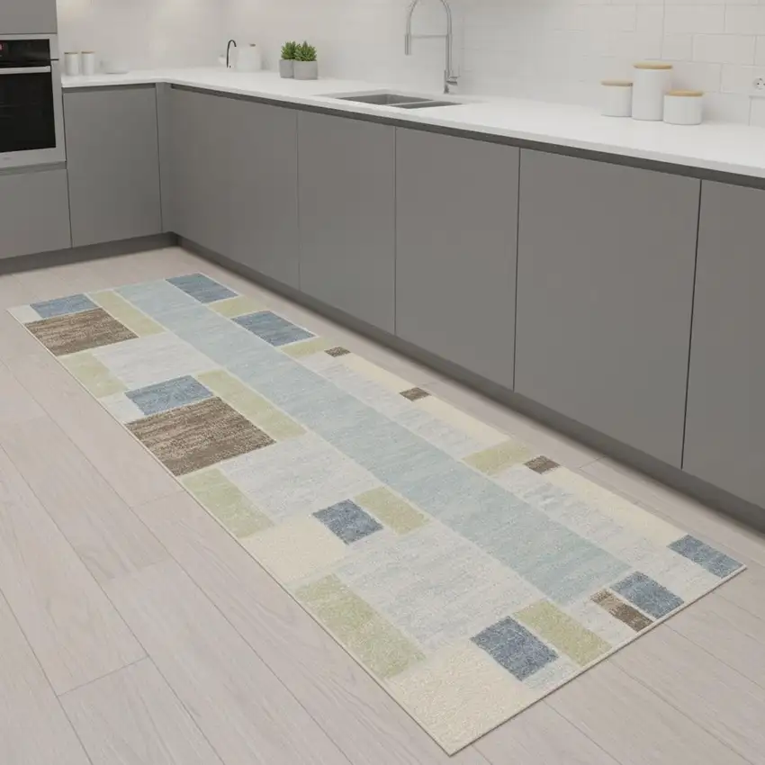 8' Blue Brown And Tan Geometric Washable Runner Rug Photo 1