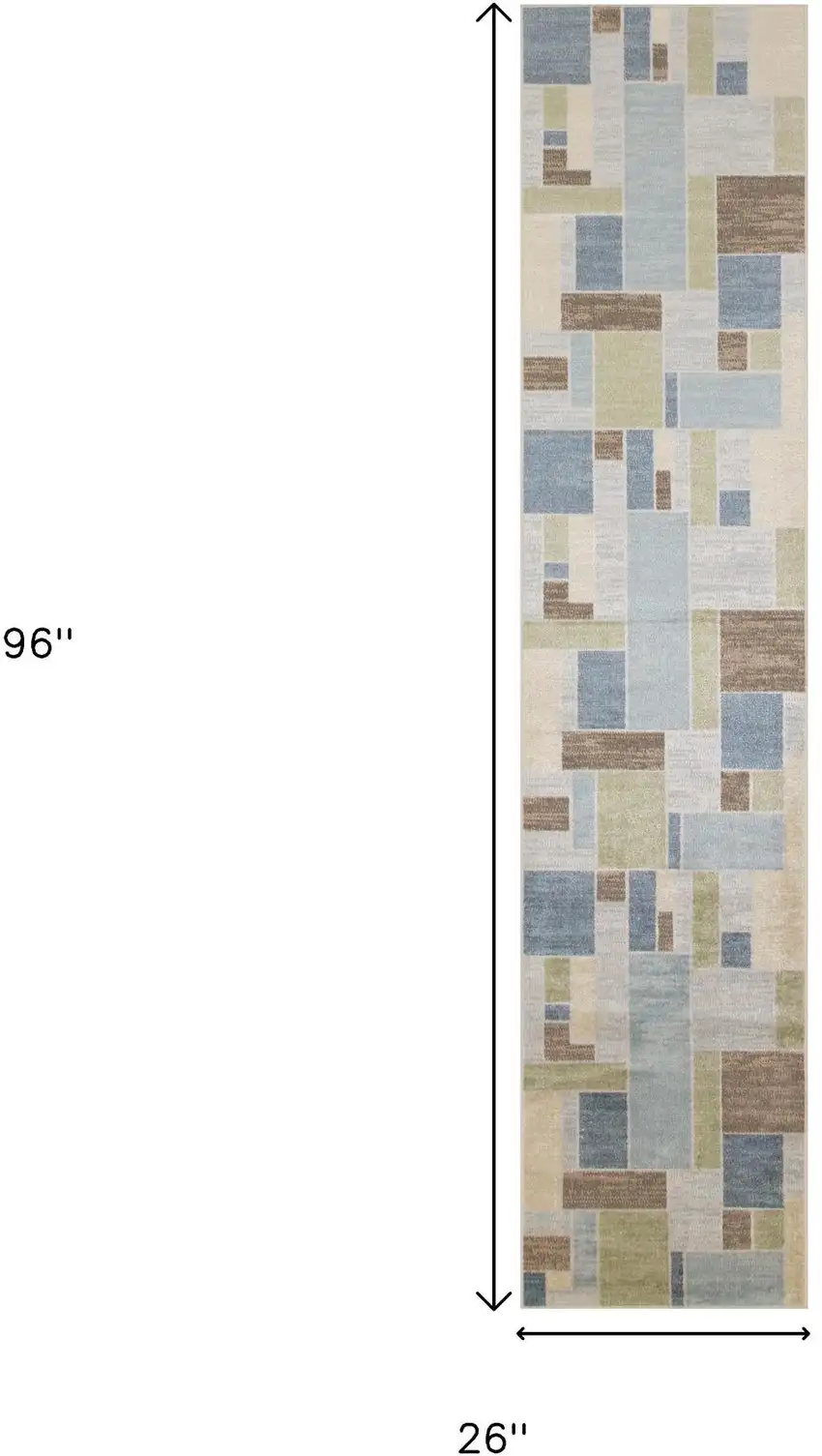 8' Blue Brown And Tan Geometric Washable Runner Rug Photo 3