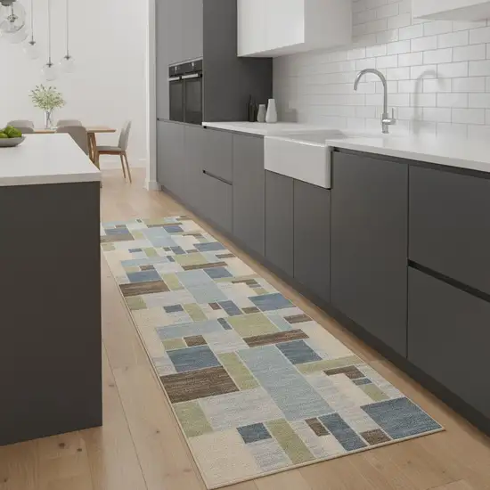 8' Blue Brown And Tan Geometric Washable Runner Rug Photo 1