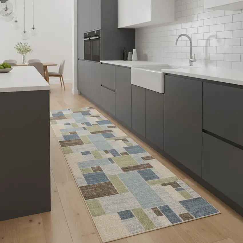 8' Blue Brown And Tan Geometric Washable Runner Rug Photo 1