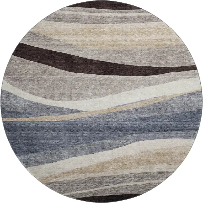 8' Blue Brown And Taupe Abstract Washable Round Rug With UV Protection Photo 5