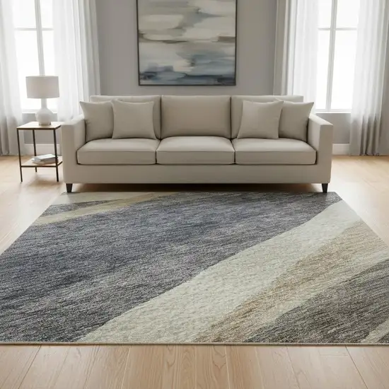 8' Blue Brown And Taupe Abstract Washable Round Rug With UV Protection Photo 2