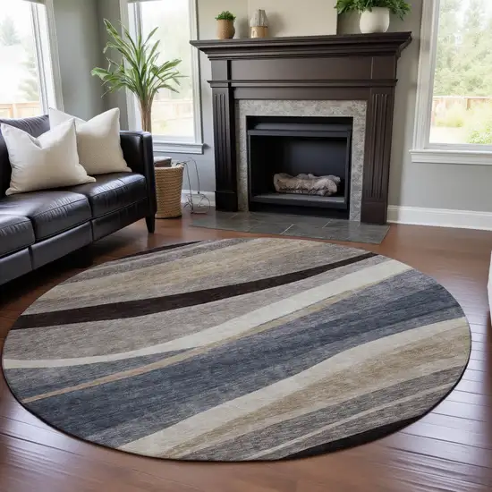 8' Blue Brown And Taupe Abstract Washable Round Rug With UV Protection Photo 4
