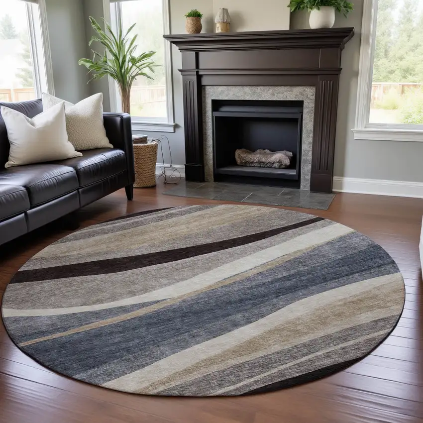 8' Blue Brown And Taupe Abstract Washable Round Rug With UV Protection Photo 4