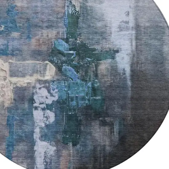 8' Blue Charcoal And Brown Round Abstract Washable Indoor Outdoor Area Rug Photo 5